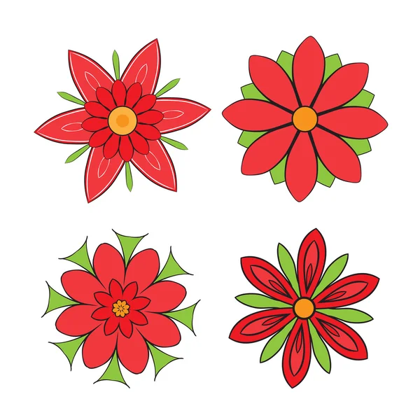 Σύνολο αφηρημένη συμμετρική κόκκινα λουλούδια με πέταλα — Διανυσματικό Αρχείο