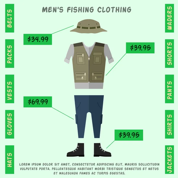 Чоловічий одяг для риболовлі, капелюха, куртки, штани, взуття плоский стиль — стоковий вектор