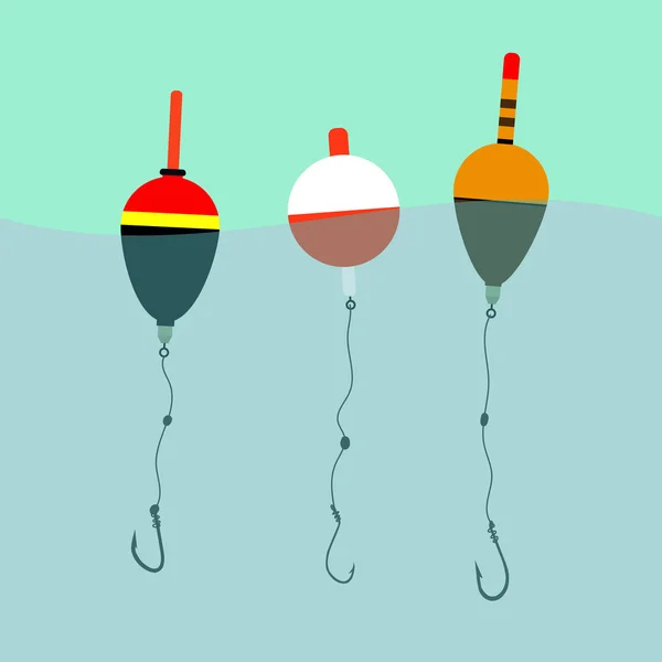 Tres flotadores con anzuelos bajo el agua, olas, pesca, ocio . — Vector de stock