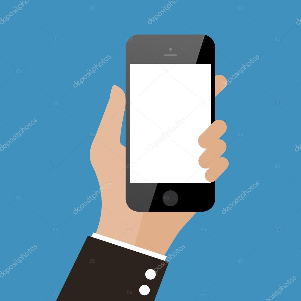 Smartphone in hand in flat design style isolated on blue backgro
