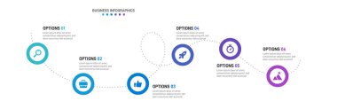 6 ok şeklindeki elementin yer aldığı ilerleme çubuğu, iş stratejisi ve ilerlemenin altı aşamasını sembolize ediyor. Temiz zaman çizelgesi bilgi tasarım şablonu. Mobil sunum için vektör