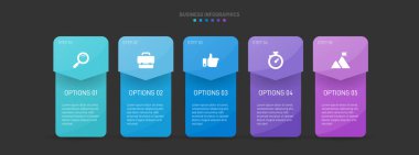 Beş ok şeklindeki elementten oluşan ilerleme çubuğu, iş stratejisi ve ilerlemenin beş aşamasını sembolize ediyor. Temiz zaman çizelgesi bilgi tasarım şablonu. Mobil sunum için vektör