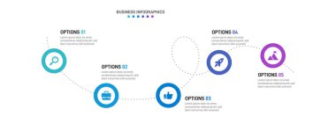 Beş ok şeklindeki elementten oluşan ilerleme çubuğu, iş stratejisi ve ilerlemenin beş aşamasını sembolize ediyor. Temiz zaman çizelgesi bilgi tasarım şablonu. Mobil sunum için vektör