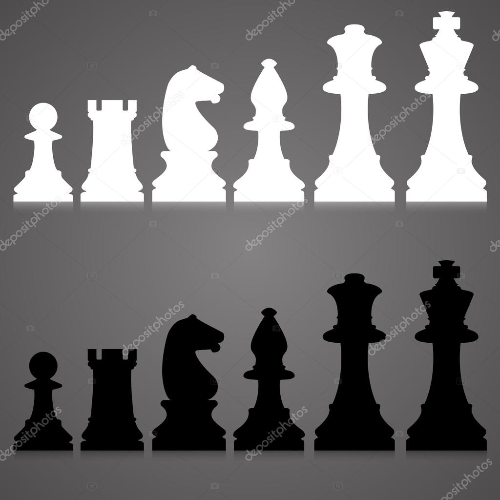 Editable vector silhouettes of a set of standard chess pieces.