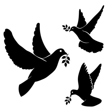 Set vector black silhouette flying dove, olive
