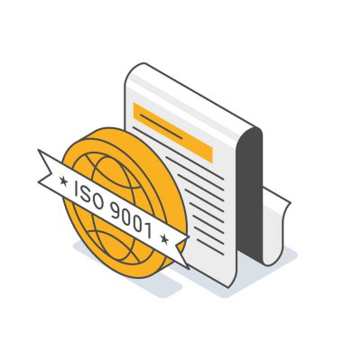 Isome ISO 9001 sertifika simgesi. Altın küre mührü ve kurdelesi olan bir belgenin vektör çizimi. Kalite yönetimi, standart uyum ve iş akreditasyon kavramı