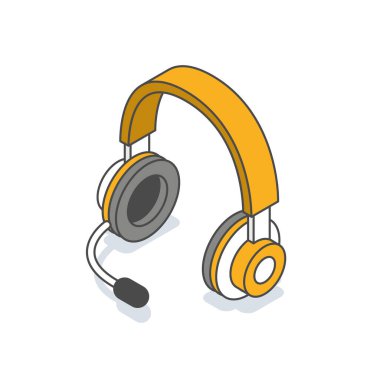 Mikrofon ikonlu itici sarı kulaklıklar. Müşteri desteği, çağrı merkezi servisi, oyun ve çevrimiçi iletişim kavramları için uygun vektör kulaklık illüstrasyonu