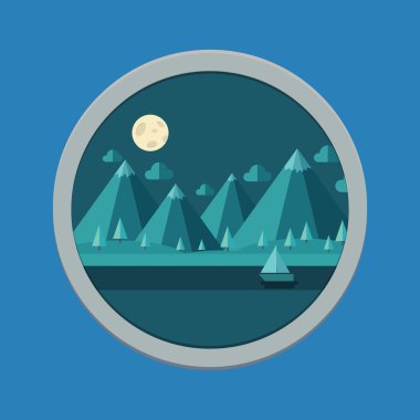 Modern gece düz tasarım. evler ve dağlar.