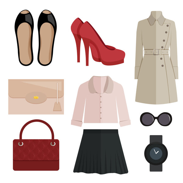 set of women clothing and accessories, flat style