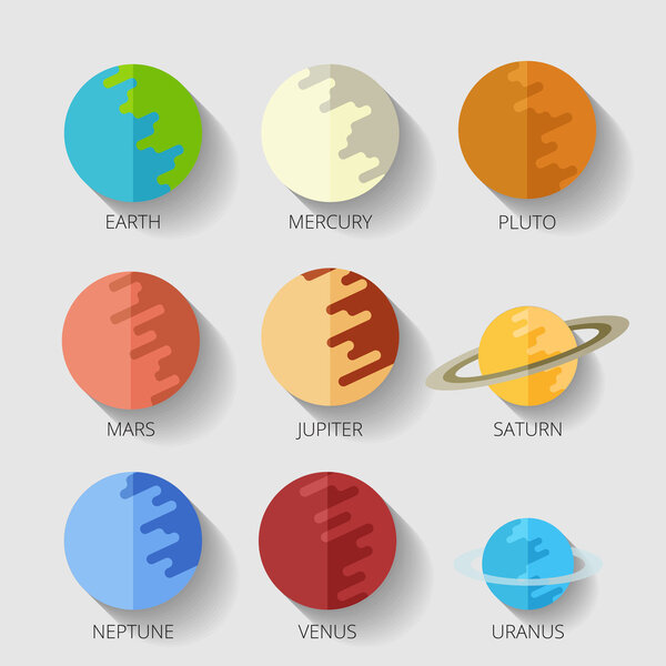 set planets solar system. cartoon style flat icon with shadow.