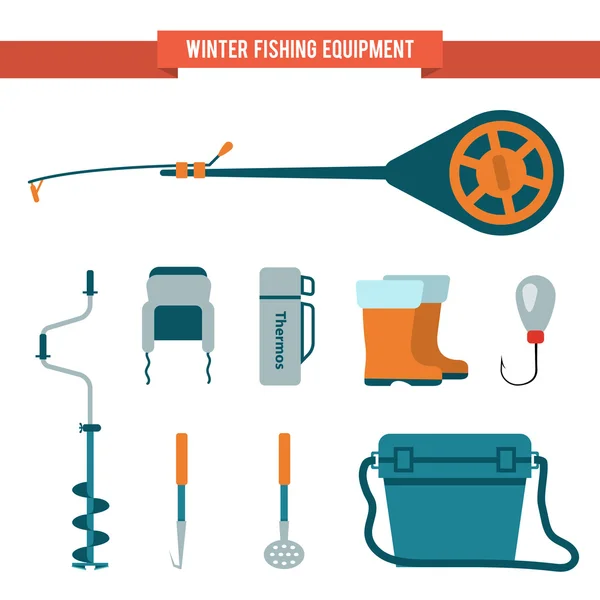 Set de equipamiento de estilo plano para la pesca de invierno sobre hielo — Vector de stock