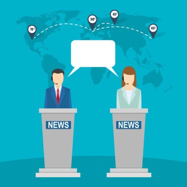 Dünya Haritası arka plan üzerinde News stüdyo. iki çapa