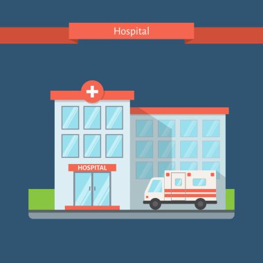 Hastane düz stil. Ambulans ile bina Kliniği. Düz vektör çizim.