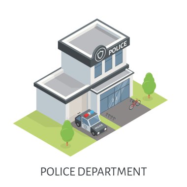 İzometrik polis departmanı bina. Devriye arabası