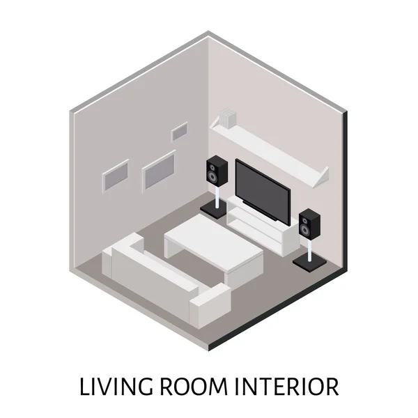 Isometrisches Wohnzimmer mit Plasma-TV-Stereoanlage — Stockvektor