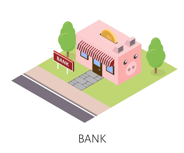 아이소메트릭 은행 나무와 잔디밭에 핑크 돼지 건물 — 스톡 벡터