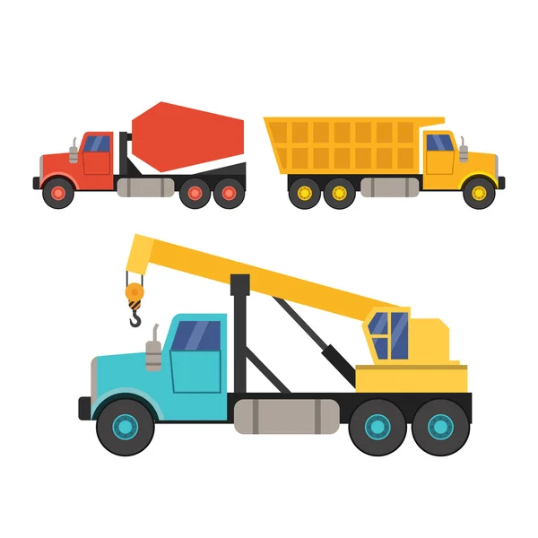 Építőipari gépek, a lapos stílus készlet. daru, teherautó és betonkeverő — Stock Vector