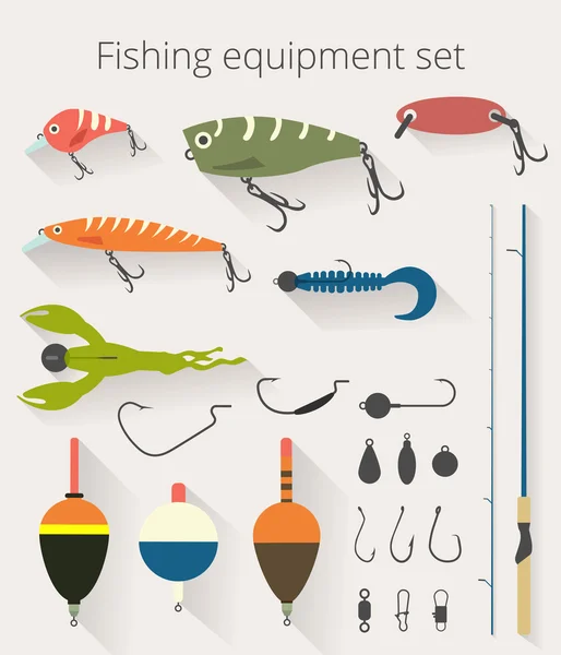 Рибальський набір аксесуарів для обертання риболовлі з приманками та твікерами та м'якою пластиковою приманкою для риболовлі — стоковий вектор