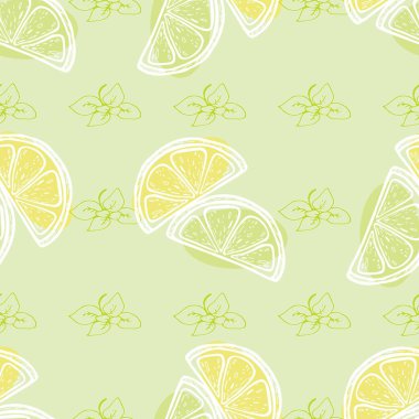 Limon ve fesleğenli kusursuz desen. Kumaş, kağıt ve duvar kağıdına baskı için desen. Giysi koleksiyonu, markalaşma, ambalaj, iç dekorasyon, hatıra defteri için kullanılabilir