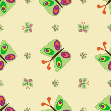 Parlak sarı arkaplan desenli zarif kelebekler. Özgürlük tarzı. Moda baskıları için kusursuz bir arka plan. Klasik baskı. Kusursuz vektör dokusu. Bahar kelebekleri