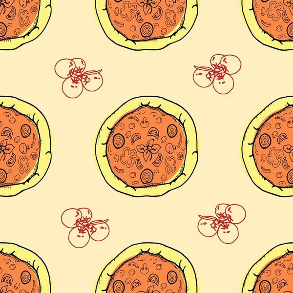Grafik şeklinde boyanmış vişneli domatesli pizza. Vektör kusursuz desen. Restoran kimliği, ambalaj, menü tasarımı ve iç dekorasyon için kullanışlı