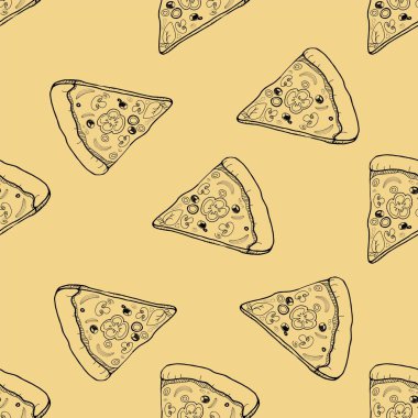 Pizza dilimleri kusursuz. Yemek deseni. Çizgi simgeleriyle kusursuz izole desen.