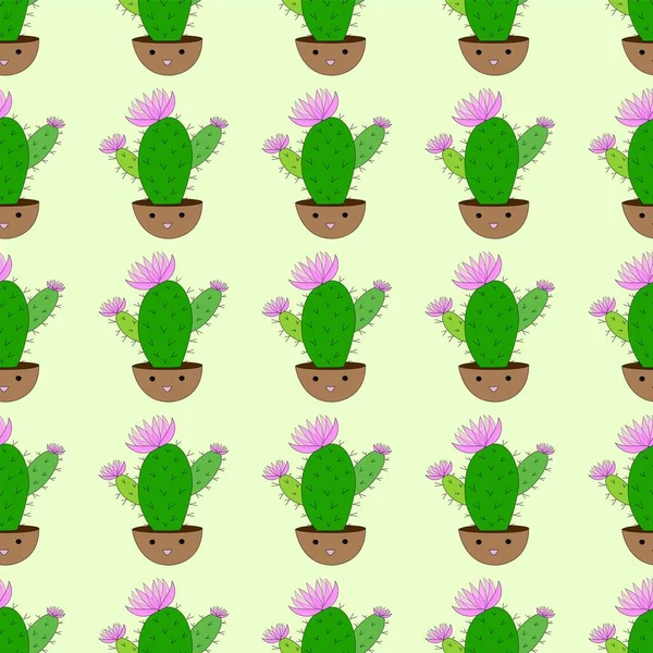 Açık sarı arkaplandaki kaktüssüz vektör deseni, tekrarlanan süs. Kawaii bebek renkli sulu. Bitkiler ve çiçeklerle desen. Projeler için mükemmel, tebrik kartı, ambalaj, duvar kağıdı, doku, kapak