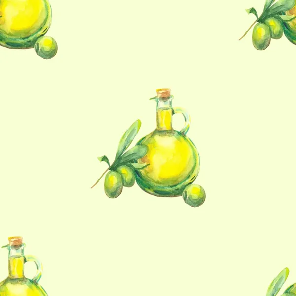 Zeytin, dal, ağaç ve zeytinyağı şişesi desenleri. El çizimi vektör çizimleri, zeytinyağı şişesi, vektör. Elle çizilmiş vektör pürüzsüz desen. Tekstil, kağıt ve etiketler için geçmişe dönük desen arkaplanı