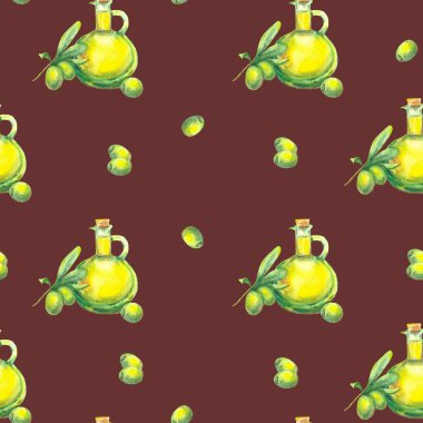 Eski zeytinlerin dikişsiz deseni. Dal şekli, doku yaprakları, meyveler, kan kırmızısı arka planda yağ şişesi. Doğa antikası çizimi, elle çizilmiş gravür. Yunan organik gıdası. Yemek tarifleri, menüler, kafeler, restoranlar. Sağlıklı yemek ve diyet