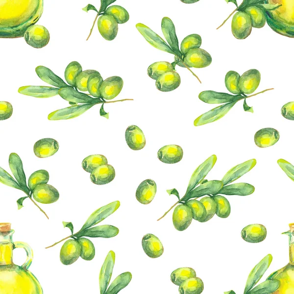 Suluboya zeytin dalı deseni. El yapımı yeşil zeytinler ve bırak