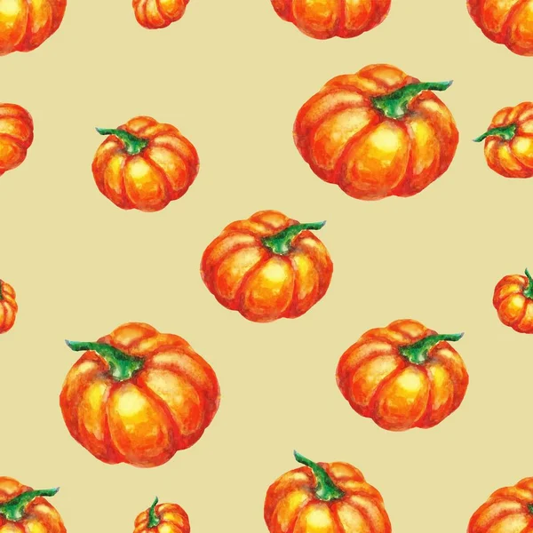 カボチャの水彩ベクトル カボチャとシームレスかわいいベクトルパターン ライラックの背景にオレンジの水彩 収穫祭や感謝祭の日のためのカボチャの背景 ベクトル繰り返し Print — ストックベクタ
