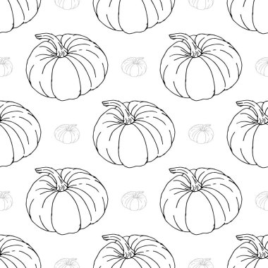 Beyaz arka planda sonbahar siyah ve gri balkabakları. Sonbahar, Şükran Günü tatilleri, kumaş, tekstil. Kusursuz tekrarlama örneği. Kabak tekstil, pankart, duvar kağıtları, paketleme vektör tasarımı