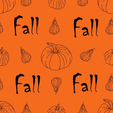 Sonbahar siyah ve gri balkabaklarını turuncu arka plan desenine göre düşür. Şükran Günü tatilleri, kumaşlar, tekstil. Kusursuz tekrarlama örneği. Kabak tekstil, pankart, duvar kağıtları, paketleme vektör tasarımı