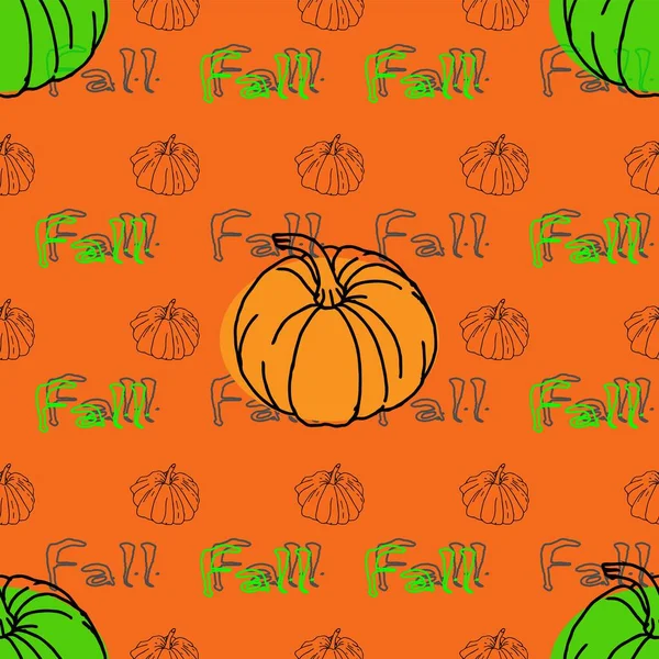 秋天的橙色和绿色南瓜呈橙色背景图案 感恩节假期 纺织品 无缝隙重复抹布 南瓜毛织物 包装病媒设计 — 图库照片