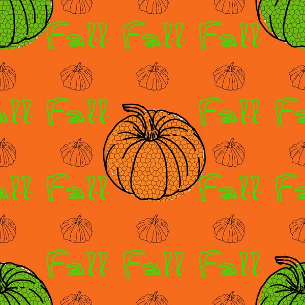 Herfst Oranje Groene Pompoenen Oranje Achtergrond Patroon Thanksgiving Vakantie Stof — Stockvector