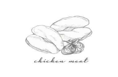 Çiğ tavuk fileto ve kalemle çizilmiş göğüs biber, baharat ve taze otlarla. Origano, baharat ve tavuk. Beyaz arka planda taze çiğ tavuk göğsü filetosu.