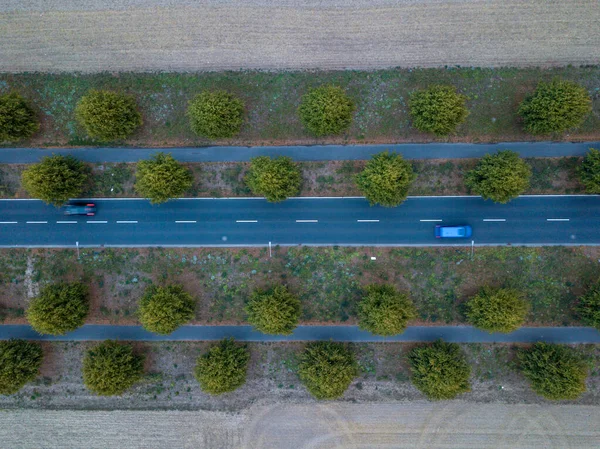 Straat Met Auto Passeren Met Twee Rijstroken Grote Bomen Fietspad — Stockfoto