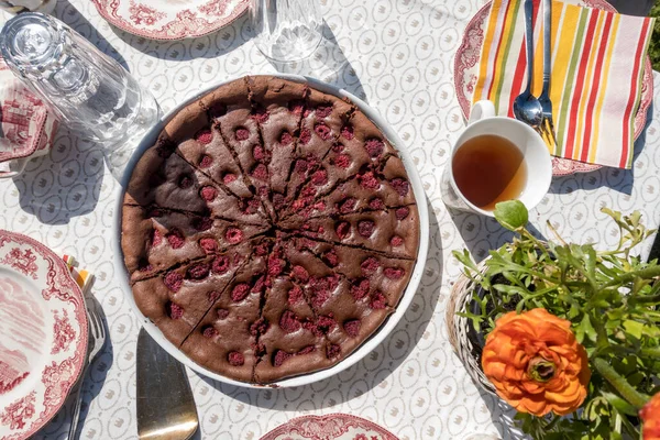 Wonderful Summer Sweet Chocolate Cake Cherry Afternoon Teatime Flower Laid Imagen De Stock