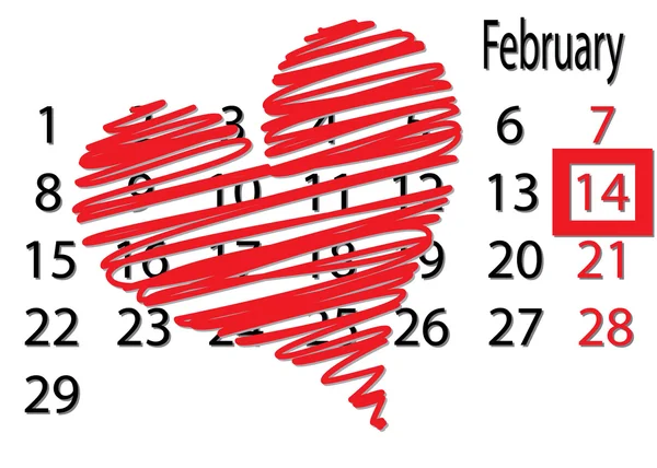 Un grand cœur sur le calendrier, Saint Valentin — Image vectorielle