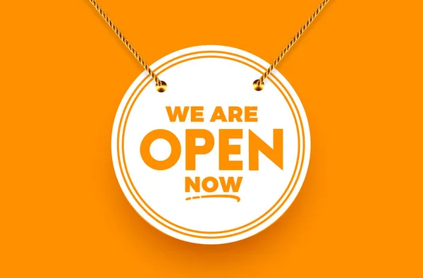 Open Now Hanging Sign Thin Ropes Dark Orange Background Shop — Stock Photo, Image
