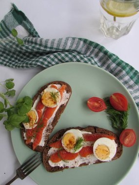 Sağlıklı kahvaltı: yumuşak peynirli sandviç, kırmızı balık, yeşil tabakta yumurta.