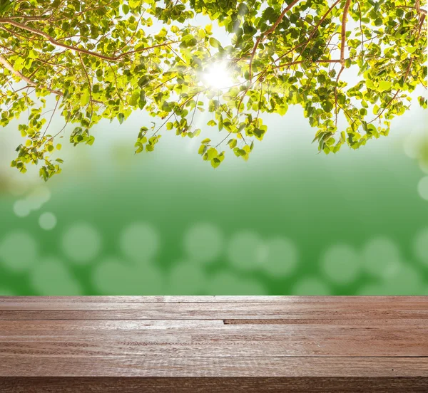Ahşap masa üstü bulanık ışık bokeh ile yeşil ağaç üzerinde
