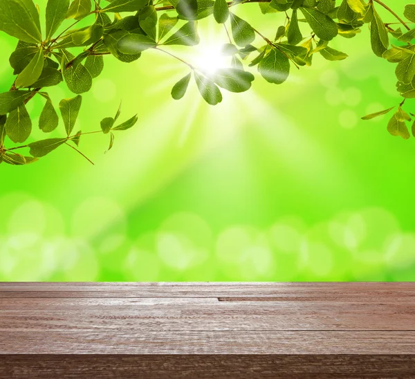 Ahşap masa üstü bulanık ışık bokeh ile yeşil ağaç üzerinde
