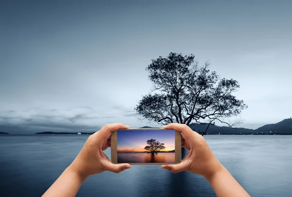 Deniz manzarası üzerinde akıllı telefon kullanarak fotoğrafçı — Stok fotoğraf