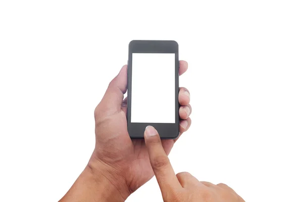 Χέρι που κρατά το έξυπνο τηλέφωνο λευκή οθόνη — Φωτογραφία Αρχείου