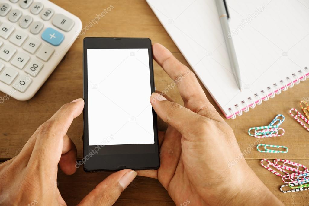 Hand holding smart phone white screen