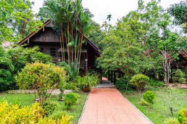 Odun evi ve gökyüzü geçmişi olan bahçe parkı çayırı.