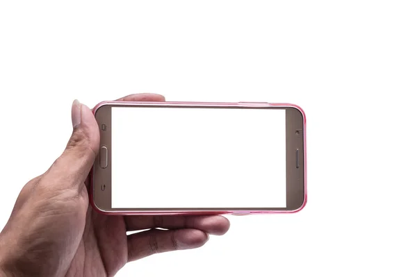 Рука зі смартфоном ізольовано, відсічний контур — стокове фото