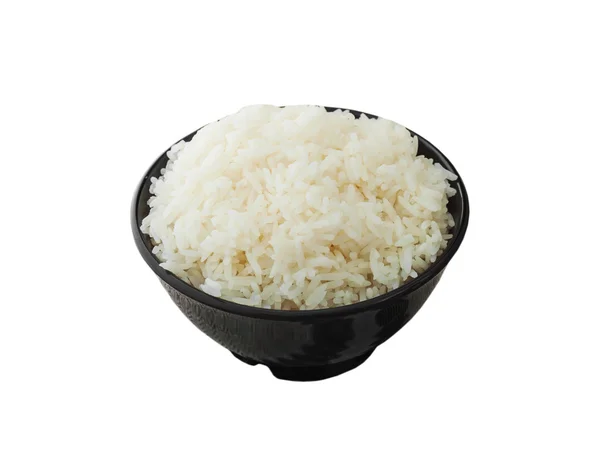 White rice in black bowl isolated, Clipping — Stock Photo, Image