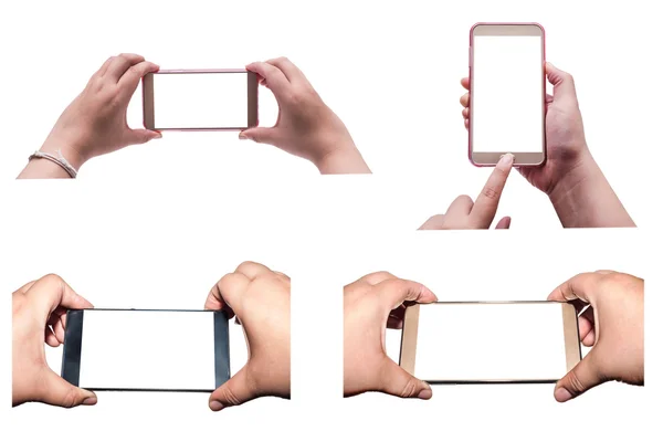 Рука зі смартфоном білий екран ізольовано, відсічний контур — стокове фото